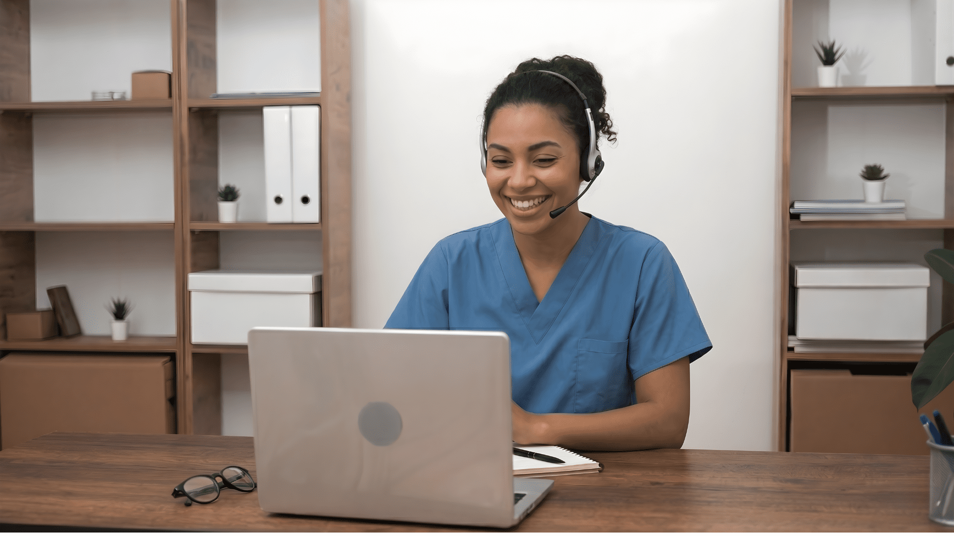 outsourced remote patient care coordinator​ in colombia smiling at a workstation
