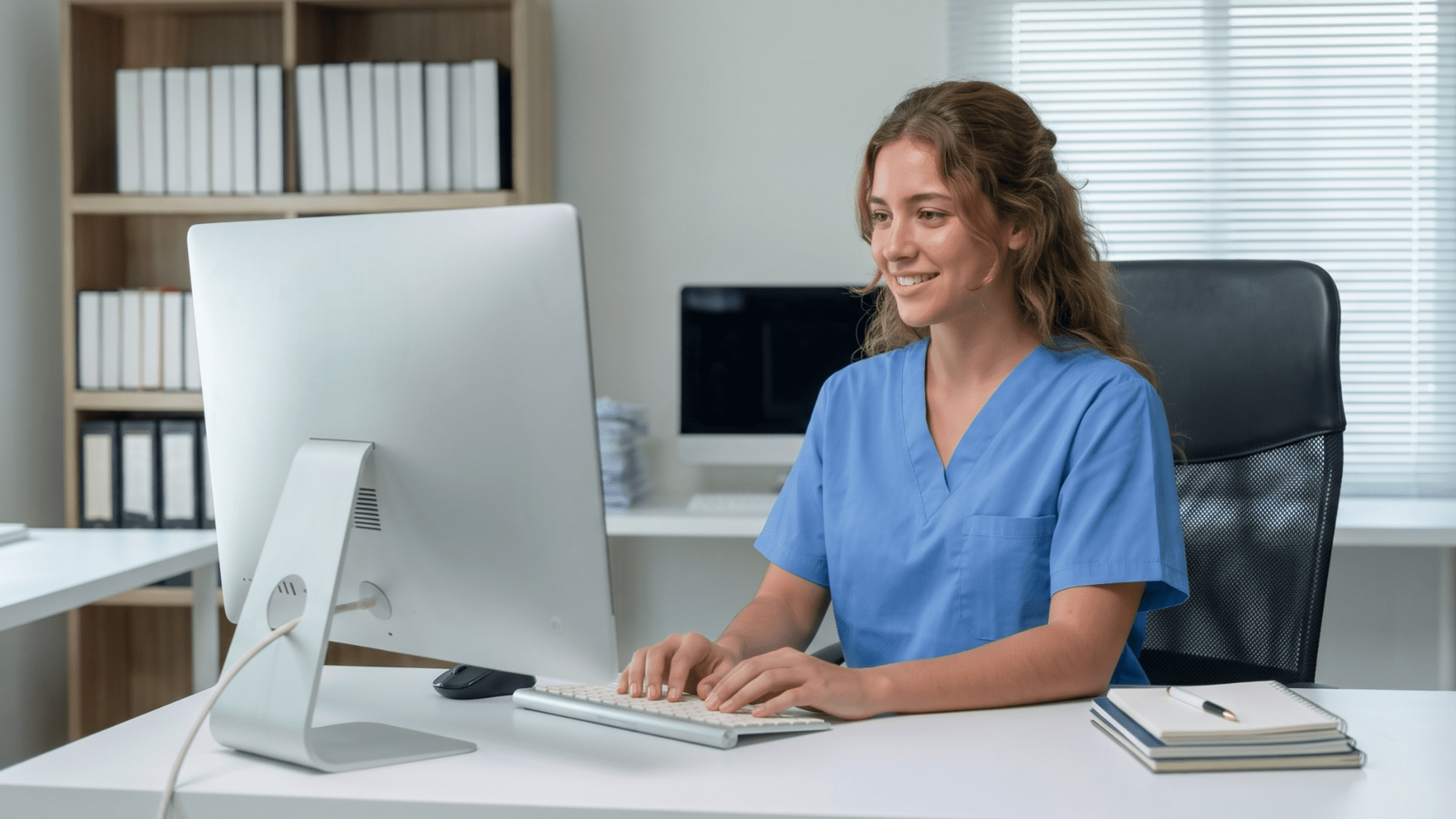 Remote media coordinator working at a desktop